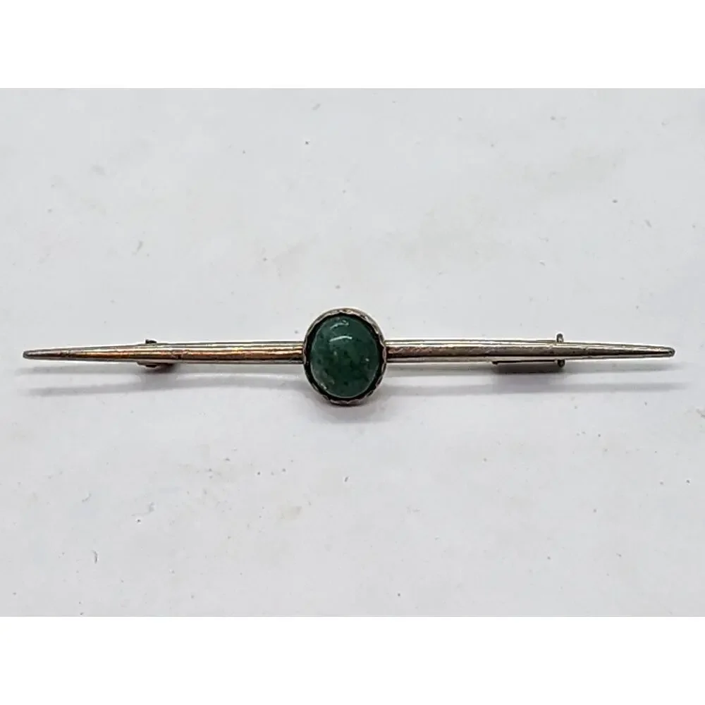Antique Long Bar Brooch Pin Sterling Silver Jade Cabochon Tie Suite Collar Hat